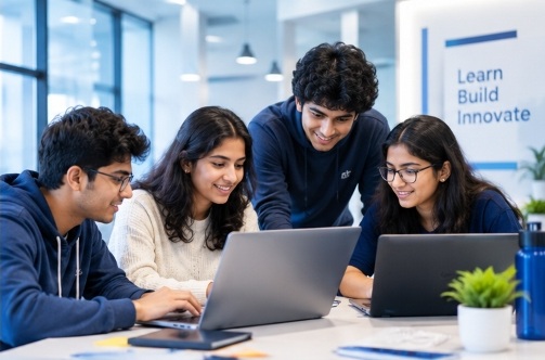 Students working on laptops together in a shared workspace